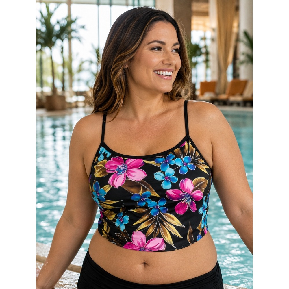 White Stag Floral Tankini Swim Top XL 16/18 Black Pink Blue Tropical